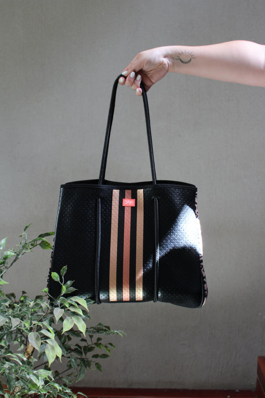 Black and Gold Striped Metallic Tote Bag