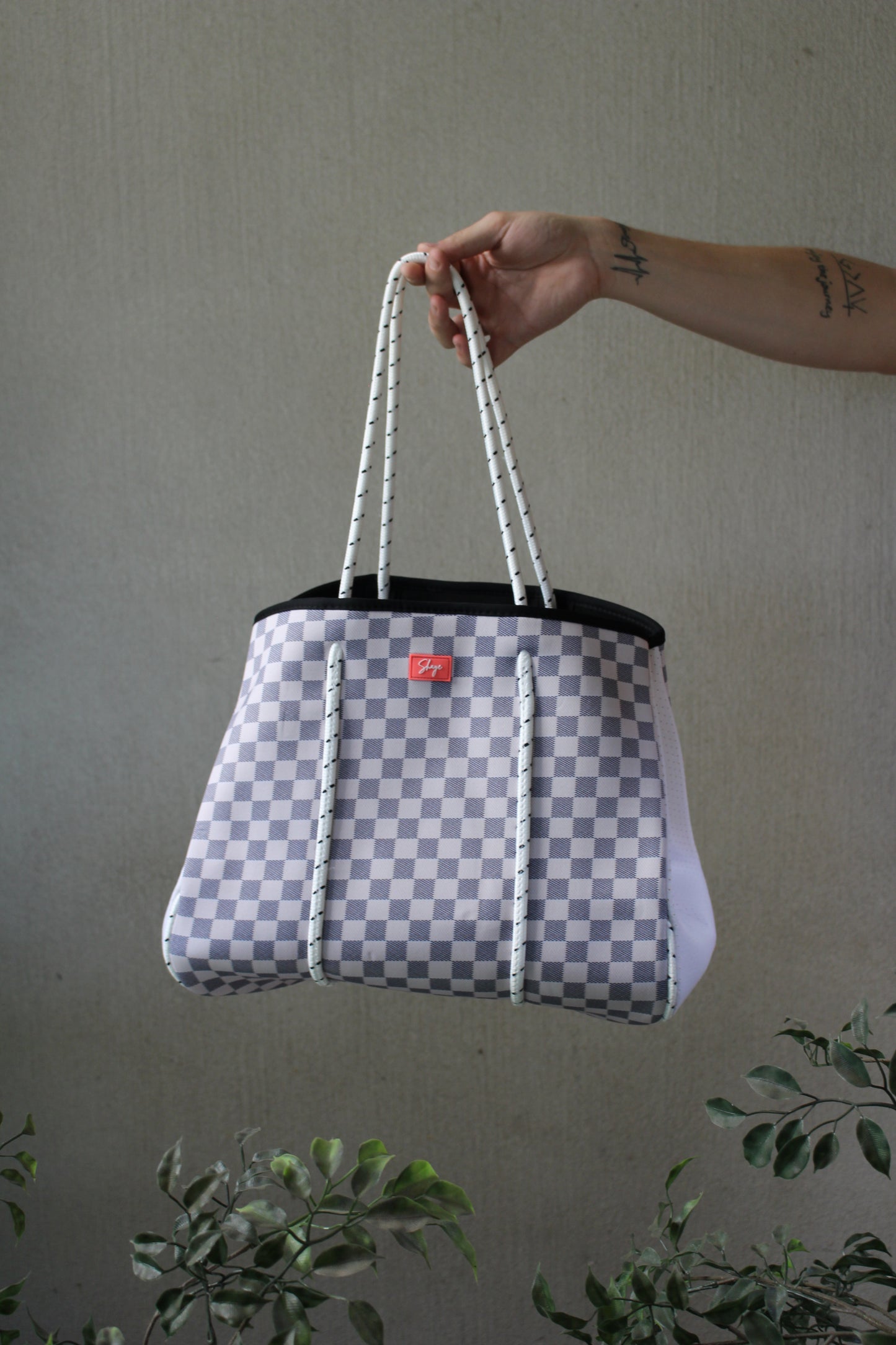 White Checkered Neoprene Tote Bag